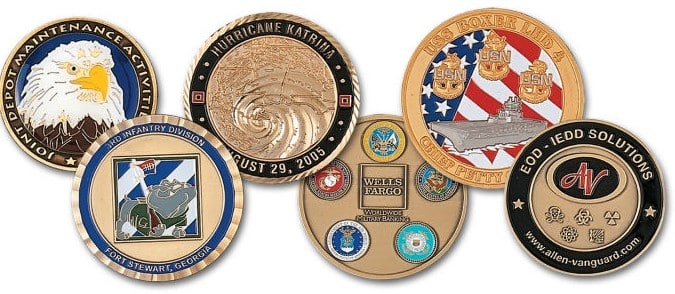 Brass Award Design® Challenge Coins with Coloured Enamel coatings